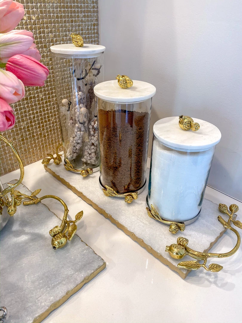 Inspire Me! Home Decor Glass Pomegranate Canisters W/ Marble Lid (3 Sizes) 3 Inspire Me! Home Decor Glass Pomegranate Canisters W/ Marble Lid (3 Sizes)