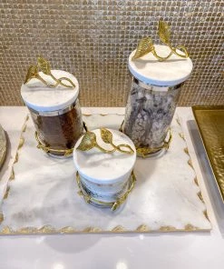 Inspire Me! Home Decor Marble And Gold Metal Leaf Branch Canisters- With Metal Rim (3 Sizes)