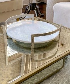 Inspire Me! Home Decor Silver Modern Handle Round Marble Tray