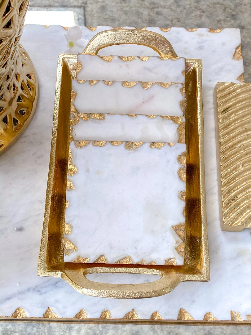 Inspire Me! Home Decor Marble Coasters W/ Gold Trim And Tray Set 7 Inspire Me! Home Decor Marble Coasters W/ Gold Trim And Tray Set