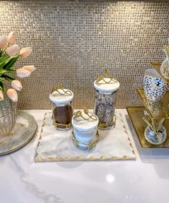 Inspire Me! Home Decor Marble And Gold Metal Leaf Branch Canisters- With Metal Rim (3 Sizes)
