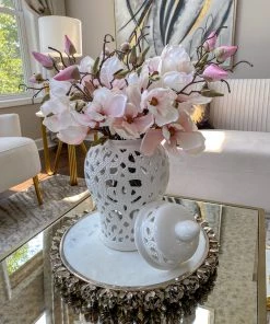 Inspire Me! Home Decor Round Marble Tray With Silver Floral Edge