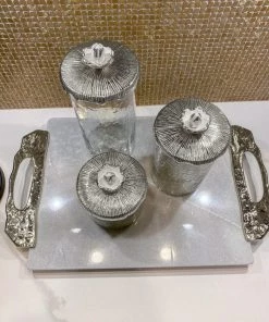 Inspire Me! Home Decor Glass Canister With Metal Floral Lid (3 Sizes) (2 Colors) 17 Inspire Me! Home Decor Glass Canister With Metal Floral Lid (3 Sizes) (2 Colors)