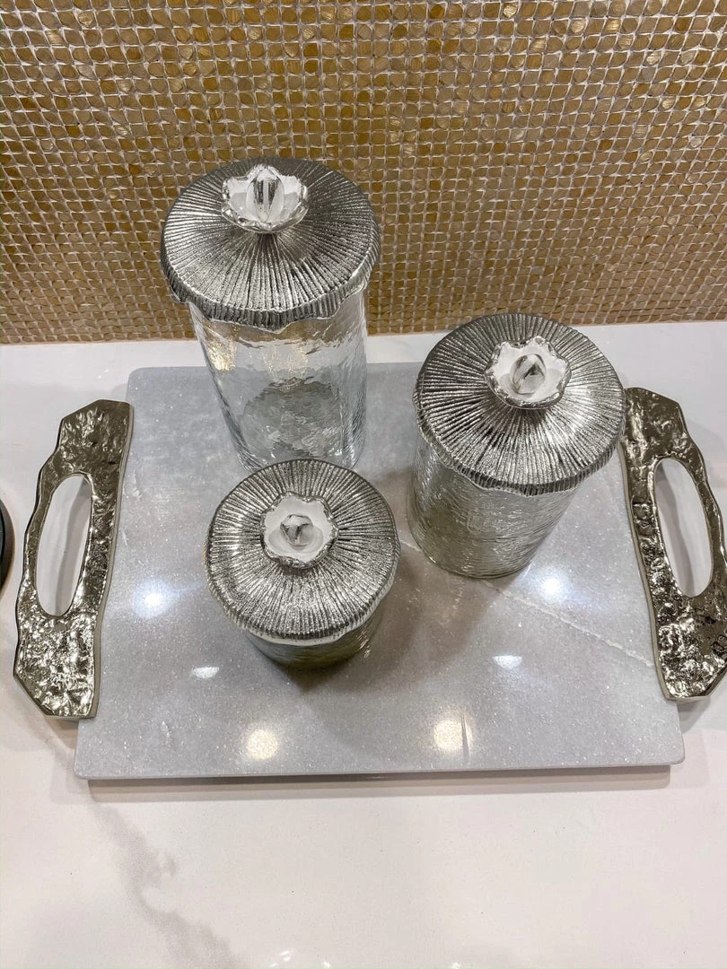 Inspire Me! Home Decor Glass Canister With Metal Floral Lid (3 Sizes) (2 Colors) 10 Inspire Me! Home Decor Glass Canister With Metal Floral Lid (3 Sizes) (2 Colors)