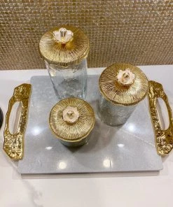 Inspire Me! Home Decor Glass Canister With Metal Floral Lid (3 Sizes) (2 Colors) 16 Inspire Me! Home Decor Glass Canister With Metal Floral Lid (3 Sizes) (2 Colors)