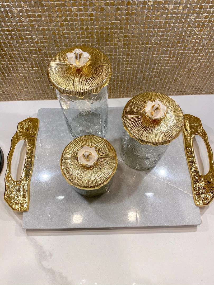 Inspire Me! Home Decor Glass Canister With Metal Floral Lid (3 Sizes) (2 Colors) 9 Inspire Me! Home Decor Glass Canister With Metal Floral Lid (3 Sizes) (2 Colors)