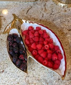 Inspire Me! Home Decor Ceramic Leaf Bowl W/ Gold Detailed Rim (2 Colors)