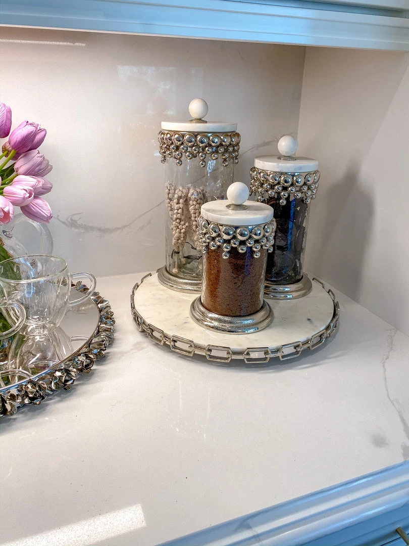 Inspire Me! Home Decor Silver Beaded Canisters W/ Marble Lid (3 Sizes) 4 Inspire Me! Home Decor Silver Beaded Canisters W/ Marble Lid (3 Sizes)