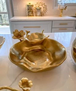 Inspire Me! Home Decor Two Tier Chip And Dip Gold Floral Bowl