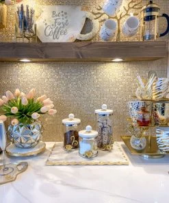 Inspire Me! Home Decor Gold Or Silver Metal Floral Glass Canisters With Marble Lid-With Metal Rim (3 Sizes) (2 Colors)