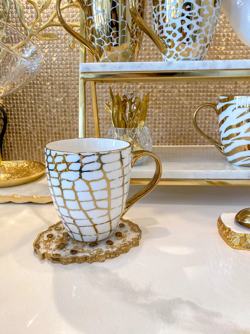 Inspire Me! Home Decor Set Of 4 - 19 Oz Gold Metallic Pattern Print Mugs 4 Inspire Me! Home Decor Set Of 4 - 19 Oz Gold Metallic Pattern Print Mugs