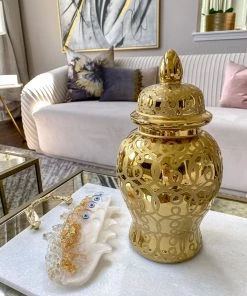 Inspire Me! Home Decor Gold Patterned Mini/Miniature Ginger Jar