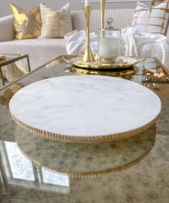 Inspire Me! Home Decor White Marble Round Lazy Susan W/ Gold Textured Edge