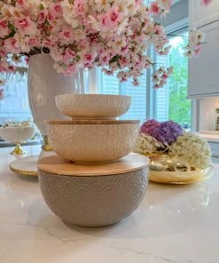 Inspire Me! Home Decor Set Of 3 Ceramic Bowls With 2 Wood Lids