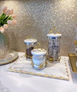 Inspire Me! Home Decor Marble And Gold Metal Leaf Branch Canisters- With Metal Rim (3 Sizes)