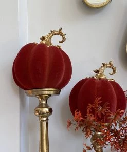 Inspire Me! Home Decor Burnt Orange Velvet Decorative Pumpkin With Gold Stem