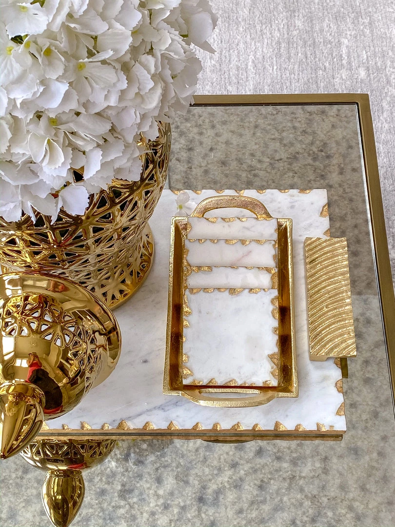 Inspire Me! Home Decor Marble Coasters W/ Gold Trim And Tray Set 3 Inspire Me! Home Decor Marble Coasters W/ Gold Trim And Tray Set