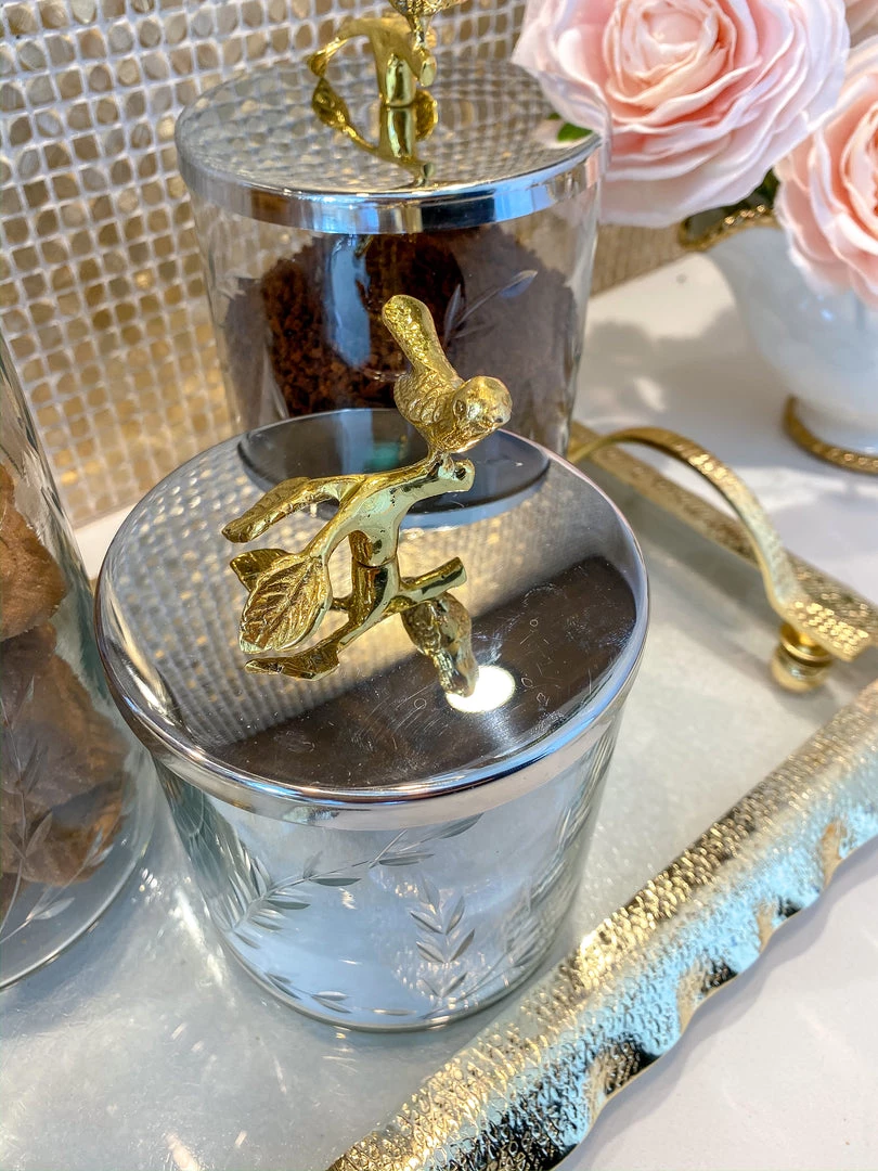 Inspire Me! Home Decor Hammered Glass Canister W/ Gold Bird Lid ( 3 Sizes Available) 4 Inspire Me! Home Decor Hammered Glass Canister W/ Gold Bird Lid ( 3 Sizes Available)