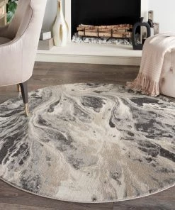 Nourison Elegance Round Area Rug - Grey/Charcoal/Beige (3 Sizes) PILLOWS, RUGS, & THROWS