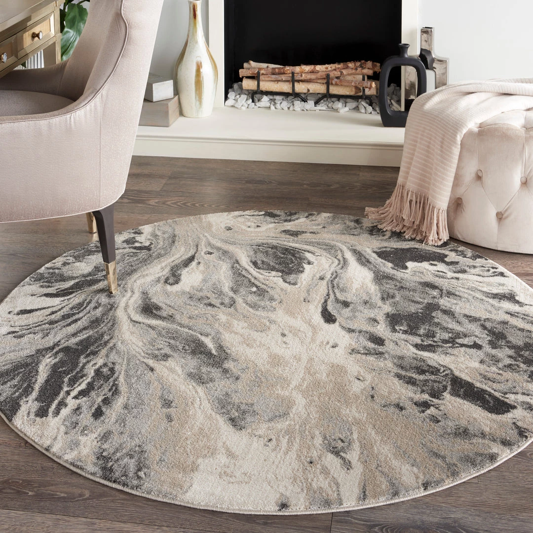 Nourison Elegance Round Area Rug - Grey/Charcoal/Beige (3 Sizes) PILLOWS, RUGS, & THROWS 3 Nourison Elegance Round Area Rug - Grey/Charcoal/Beige (3 Sizes) PILLOWS, RUGS, & THROWS